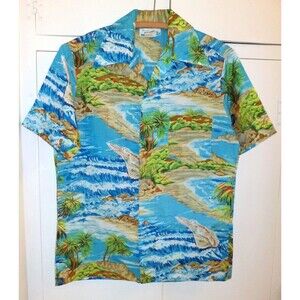 Vtg PENNEYS HAWAII Classic HAWAIIAN aloha SHIRT Sz M Ocean PALMS Waves Blue